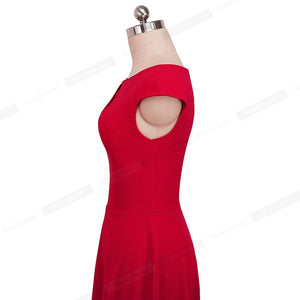Vintage Brief Solid Color Elegant O-Neck Vestidos Cap Sleeve A-Line Pinup Business Women Flare Swing Dress
