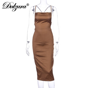 Dulzura Neon Satin Lace Up Women Long Midi Dress Bodycon Backless Elegant Party Sexy Club Clothes Summer Dinner Outfit
