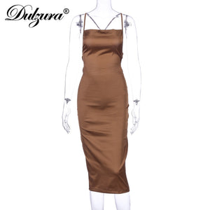 Dulzura Neon Satin Lace Up Women Long Midi Dress Bodycon Backless Elegant Party Sexy Club Clothes Summer Dinner Outfit