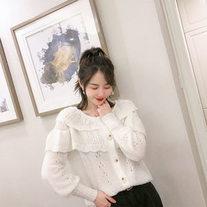 Factory Korean Version Fashion Single Button Ruffled Hollow Knit Sweater Girl Mohair Wool Blend Knitting Cardigan for Women