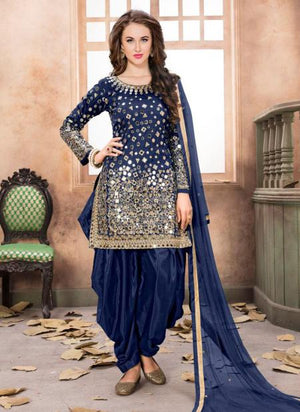 Neavy Blue Tapeta Silk Wedding Wear Mirror Work Patiala Suit