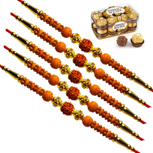 5 Rakhi - Rudraksh Rakhi Set With Ferrero Rocher Chocolate Box